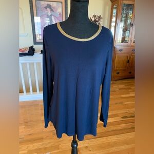 Chico's Navy Long Sleeve Top with Gold Accent